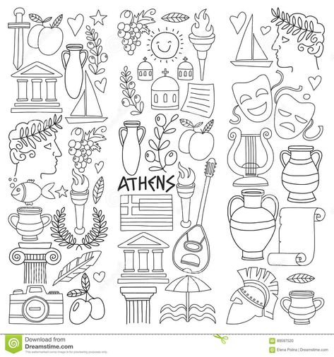 Athens Greece Tattoo Ideas, Athens Tattoo Ideas, Greece Doodles, Greek Themed Tattoos, Greece Tattoo, Greek Drawing, Ancient Greece Art, Travel Doodles, Classical Greece