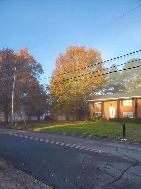 A picture taken of a house just barely lit by morning sun. There is a haze of fog in the foreground that is more pronounced in the visible background. The house is across the street from the viewer and has a large tree to its left, which has orange and yellow leaves, and contrasts brightly with the other trees in the frame that are still in the dark. Alabama Aesthetic, Huntsville Alabama, The Rising Sun, Southern Gothic, Rising Sun, Glow Up?, Summer Aesthetic, Alabama, Country Roads