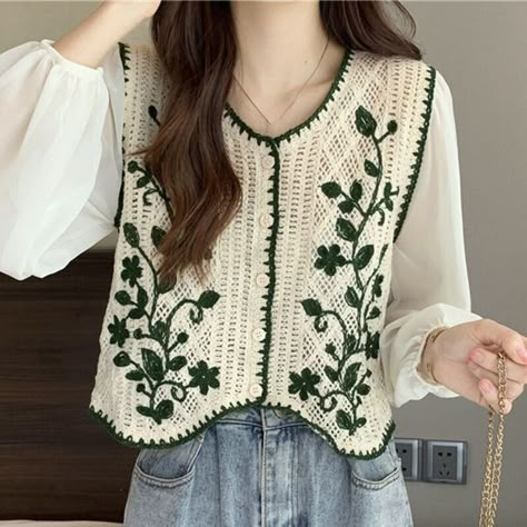 Crochet Lace Vest Pattern, How To Style Crochet Vest, Crochet Vest Styling, Crochet Vest Outfits For Women, Crochet Vest Top Pattern, Crochet Button Down, Summer Vest Outfits For Women, Colorful Vest Outfit, Crochet High Fashion