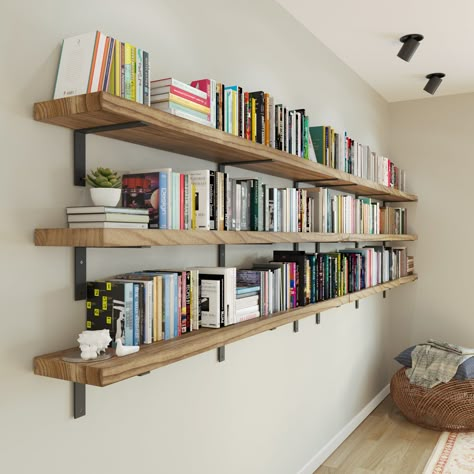 Hanging Bookshelves, Book Shelf Ideas, Long Floating Shelves, Shelves Bedroom, Creative Bookshelves, Bookshelves In Bedroom, Rustic Wall Shelves, Floating Bookshelf, Room Bookshelf