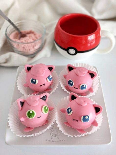 Jigglypuff strawberry white hot chocolate bomb... - Miscellaneousmao Pokemon Snacks, Hot Chocolate Bomb, Pokemon Cake, Oc Pokemon, Pokemon Birthday Party, Hot Chocolate Marshmallows, White Hot Chocolate, Chocolate Covered Treats, Creative Food Art