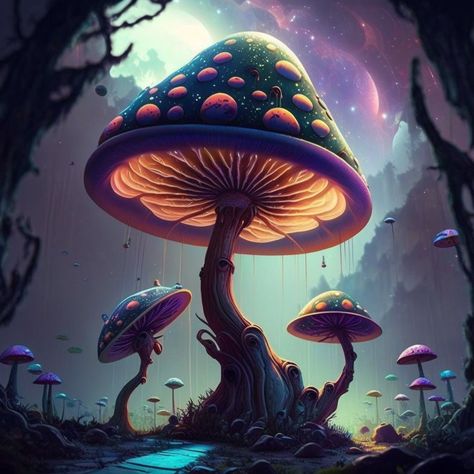 Sci-Fi Psychedelic Alien Muschrooms Mushroom Wallpaper, Funny Gifts For Him, Pumpkin Art, Mushroom Art, Night Art, Mountain Wall Art, Digital Wallpaper, Poster Frame, Lovers Art