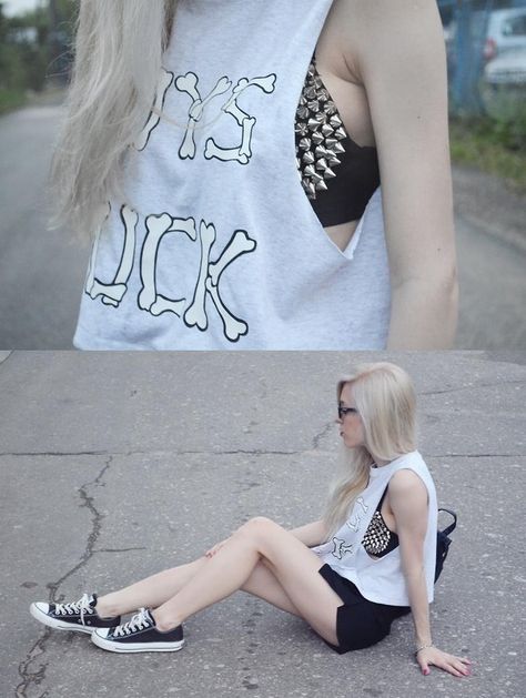 Boys suck bone worded tank top. Studded bra. Black shorts. converse shoes. Spiked Bra Outfit, Emo Style Outfits, Studded Bra, Metal Outfit, Post Soviet, Skort Style, Bra Outfit, October Fashion, Black Skort