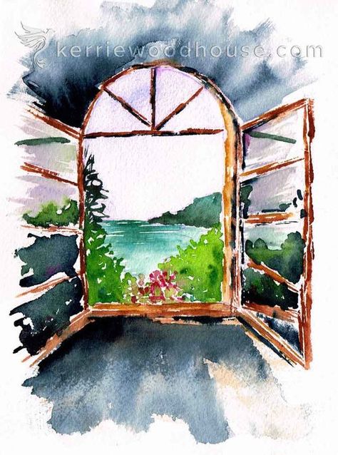 Watercolor Window View, Window View Drawing, Window Watercolor Painting, Window View Painting, View Watercolor Painting, Written Songs, Watercolour For Beginners, Light And Shadow Photography, Loose Watercolour