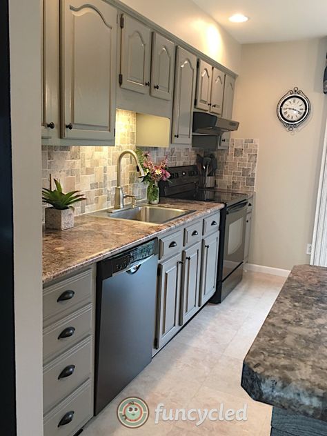 Gray Painted Oak Cabinets and Kitchen Makeover – Tuesday Treasures – FunCycled Older Kitchen Cabinets Makeover, 80s Kitchen Cabinet Makeover, Paint Oak Furniture, Painted Oak Cabinets Before And After, Paint Cabinets, Painting Oak Cabinets, Cabinet Painting, Basement Kitchen, Oak Kitchen Cabinets