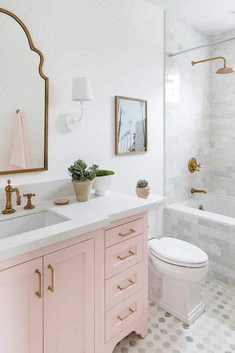 Mindy Gayer Design Bathroom, Just Peachy Bathroom, Pink Vanity Bathroom, Pink Bathroom Cabinets, Pink Girls Bathroom, Girl Bathroom Ideas, Pink Bathroom Design, Girls Bathroom Design, Mindy Gayer Design