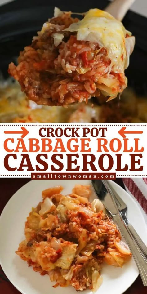 Looking for an easy Fall comfort food? This Crock Pot Cabbage Roll Casserole recipe features layered with seasoned ground beef, crushed tomatoes, rice, chopped green cabbage, cheddar, and a melty Monterey Jack cheese. Serve this tasty dish that's perfect for a busy weeknight dinner! Crockpot Cabbage Rolls, Crockpot Cabbage, Slow Cooker Cabbage Rolls, Easy Cabbage Rolls, Quick Comfort Food, Crockpot Foods, Crazy Bread, Cabbage Recipes Healthy, Unstuffed Cabbage Rolls