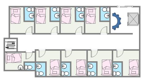 A simple small hotel plan template is available to download for free. Easily customizable, you can make your own hotel plan based on this template. With Edraw floor planning tool, you don't need to spend much time drawing, connecting, and aligning shapes. Simple Hotel Floor Plan, Small Hotels Design, Hotel Floor Plan Small Hotel Floor Plan, Simple Hotel Room Design, Small Hotel Design Architecture, Small Hotel Floor Plan, Small Hotel Design, Hotel Suite Floor Plan, Hotel Plans