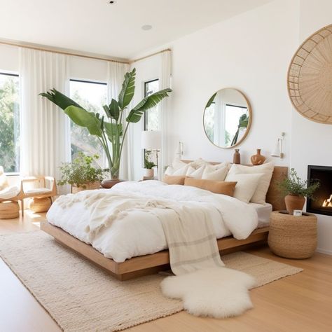 Boho Bedroom Decor Ideas Small Spaces, Natural Minimalist Bedroom, Platform Bed Room, Boho Surf Bedroom, Ireland Apartment, Nature Home Aesthetic, White And Wood Bedroom, Eco Bedroom, Condominium Design