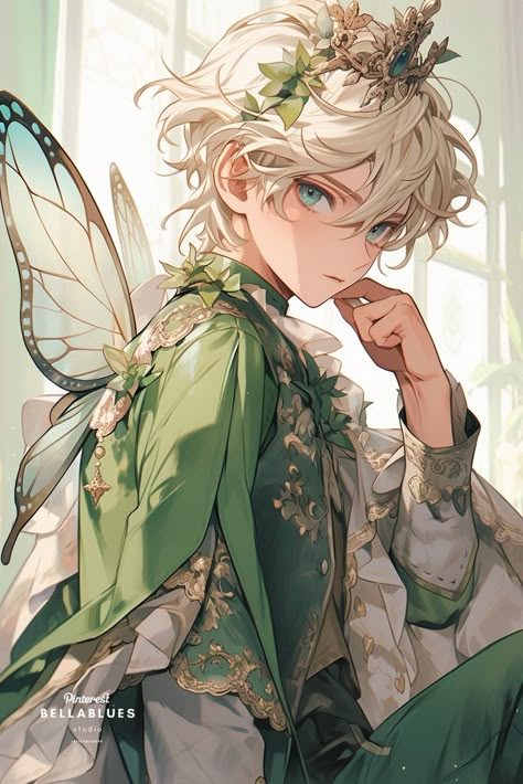 Nature Fairy Art, Fairy Guy Art, Green Characters Anime, Male Fairy Drawing, Nature Oc Art, Anime Fairy Art, Anime Fairy Boy, Fairy Boy Art, Fairy Boy Aesthetic