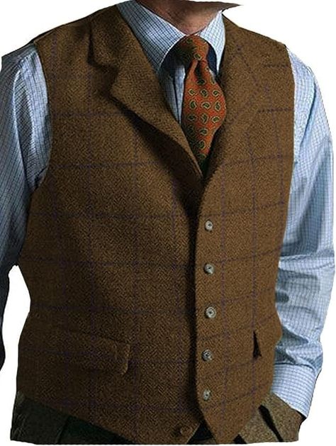 Mens Casual Plaid Suit Vest Tweed Slim Fit Waistcoat for Wedding Groomsmen(Brown,XXL) at Amazon Men’s Clothing store Tweed Tuxedo, Casual Suit Vest, Mens Casual Suits, Toxic Vision, Man Wedding, Wool Waistcoat, Fashion Goth, Tuxedo Vest, Mens Suit Vest