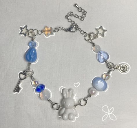 Miffy inspired bracelet ☆ Miffy Bracelet, Miffy Jewelry, Bunny Bracelet, Acrylic Bunny, Handmade Bunny, Blue Bunny, Blue Pearl, White Acrylic, Bracelet Handmade