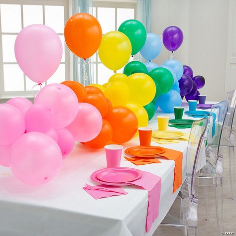 Rainbow Decorations Party, Emerald Green Balloons, Balloon Table Runner, Color Party Ideas, Primary Color Party, Rainbow Theme Baby Shower, Light Blue Balloons, Balloon Archway, Colorful Table Decor