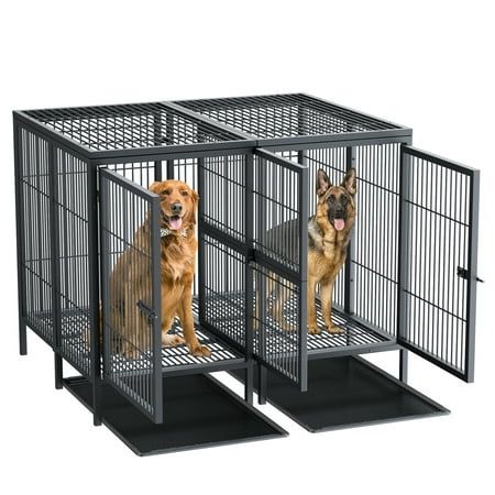 BingoPaw Heavy duty dog crate with removable divider panel. The large dog cage which can be divided into 2 independent spaces as large as 39 inch dog crates, it is suitable for 2 medium and large dogs which loads up to 88lbs each area, and it can become two functional areas for 1 large dog, for eating and sleeping. Remove the divider, it immediately becomes an oversized dog cage which is about 51.5 inch, which can be used for super-large giant dogs, such as great danes and dobermans. Bingopaw pe Metal Dog Cage, Metal Dog Kennel, Double Dog Crate, Heavy Duty Dog Crate, Large Dog Crate, Pet Playpen, Dog Cage, Dog Cages, Pet Crate