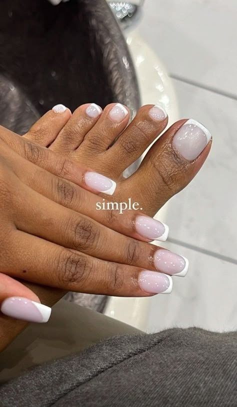 Nail Inspo Feet And Hands, Milky White French Tip Toes, Milky French Pedicure, Milky French Nails, Acrylic Nails And Toes, French Tip Pedicure, Short Classy Nails, Blush Pink Nails, French Pedicure