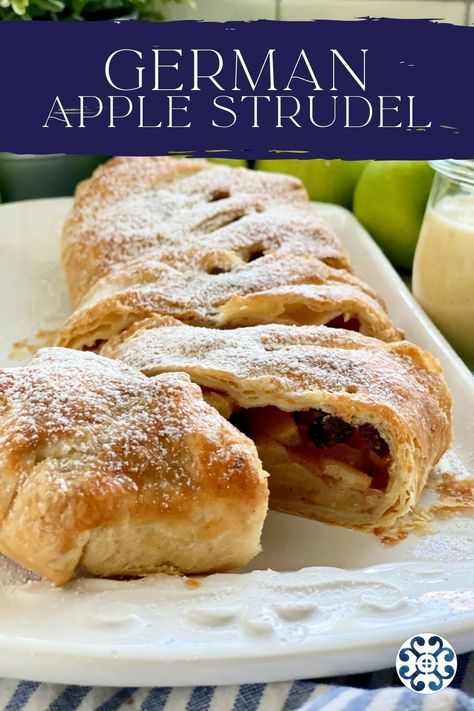 Homemade apple strudel is easier to make than you might think. With just basic ingredients, store bought puff pastry, and fresh apples you are sure to have a delicious German-style strudel in under an hours time. Add an additional layer of flavor by making a homemade vanilla sauce. Easy Apple Strudel Recipe, Easy Apple Strudel, Strudel Recipes, Apple Strudel, Vanilla Sauce, Sweet Dips, German Style, Homemade Dough, Favorite Dessert Recipes