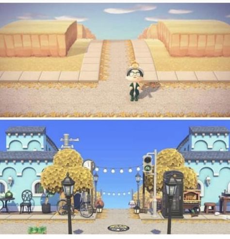 Animal Crossing City Core Entrance, Acnh Viewpoint Ideas, Citycore Animal Crossing Entrance, Acnh Coastal Town Entrance, Acnh Faux Building, Acnh Perspective Build, Acnh Italy, Acnh Academia Entrance, Fake Buildings Animal Crossing