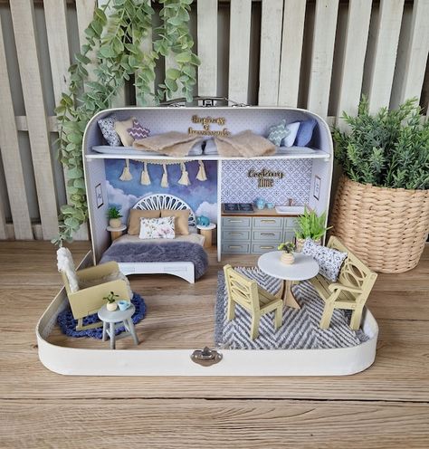 LittleHousesByArteva - Etsy UK Maileg Mouse House, Diy Doll Suitcase, Mini Creatures, Wooden Dollhouse Kits, Travel Dollhouse, Doll Suitcase, Maileg Mice, Wooden Family, Maileg Mouse