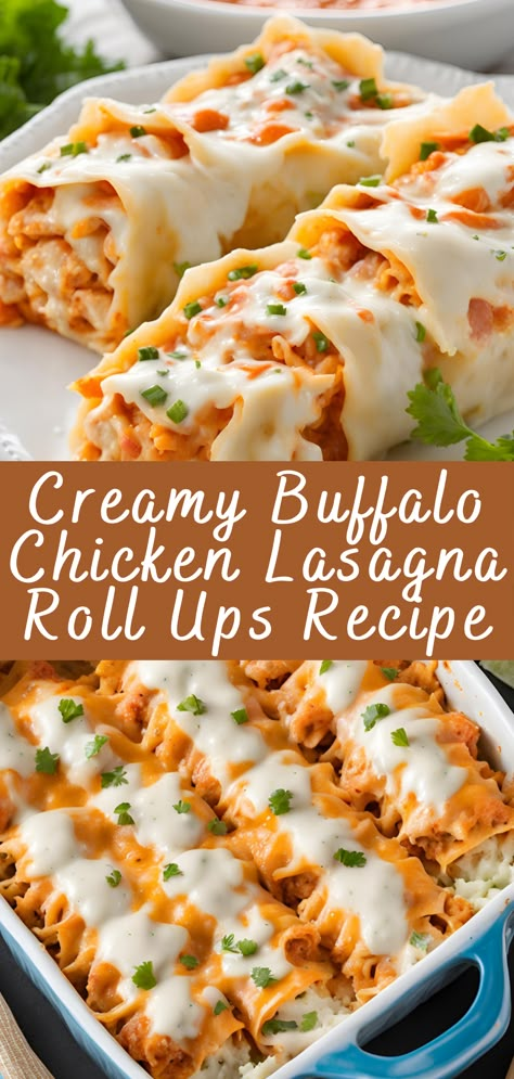 Creamy Buffalo Chicken Lasagna Roll Ups are a fun and delicious twist on traditional lasagna. Combining the spicy flavors of buffalo chicken with the creamy richness of cheese, these roll ups are perfect for dinner parties, game days, or a hearty family meal. Let’s dive into the recipe! Easy At Home Meals Healthy, Buffalo Chicken Lasagna With Ranch Drizzle, Buffalo Chicken Lasagna Rolls, Cheesy Chicken Lasagna Roll Ups, Buffalo Chicken Dip Lasagna, Pasta Roll Up Recipes, Cheesy Buffalo Chicken Lasagna With Ranch Drizzle, Pizza Lasagna Roll Ups, No Mess Dinner Recipes