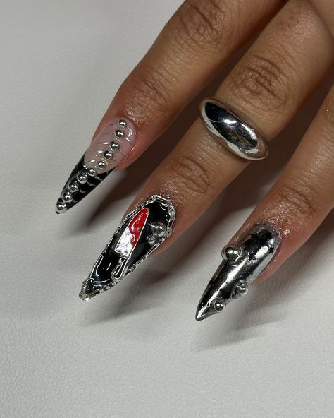 It’s a knife 🔪 🩸 our version of Halloween nails ! . . . #gelx #nailtech #fypシ #viral #halloween #nailart #nails #gothnails #nycnailtech #explorepage #nailsofinstagram Halloween gothic goth nails 2024 black knife chain metal chrome gel Knife Nails, Black Knife, Goth Nails, Halloween Gothic, Nails 2024, Nail Tech, Halloween Nails, Resin Jewelry, Nail Art