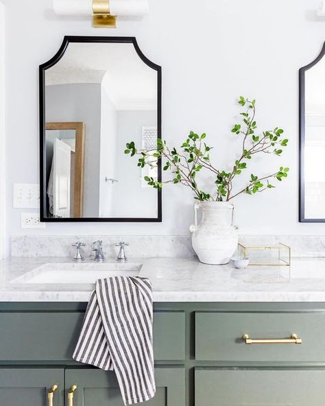 Instagram Green Vanity Paint Color, Pewter Green Bathroom Cabinets, Best Green Paint For Bathroom, Evergreen Fog Bathroom Cabinets, Green Bathroom Vanity Paint Colors, Grey Bathroom Paint, Benjamin Moore Bathroom, Modern Bathroom Decor Ideas, Dark Green Bathrooms