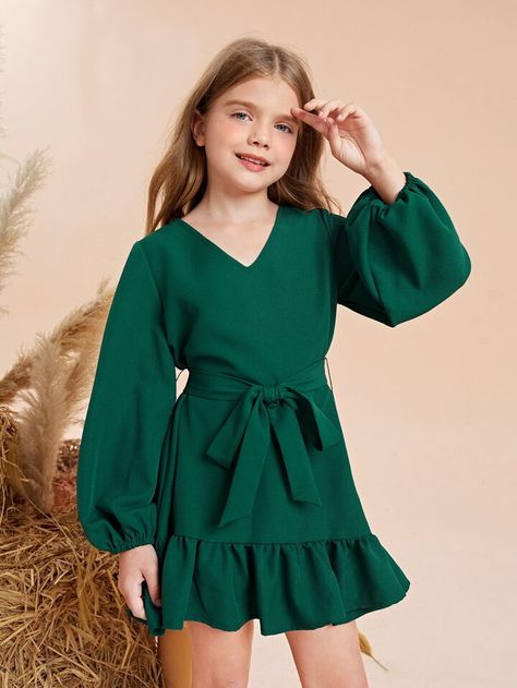 Big Girl Dresses, Shein Kids, Pani Puri, Girls Fall Outfits, Green Girl, Frocks For Girls, Belted Shirt Dress, Ruffle Hem Dress, Dresses Kids Girl