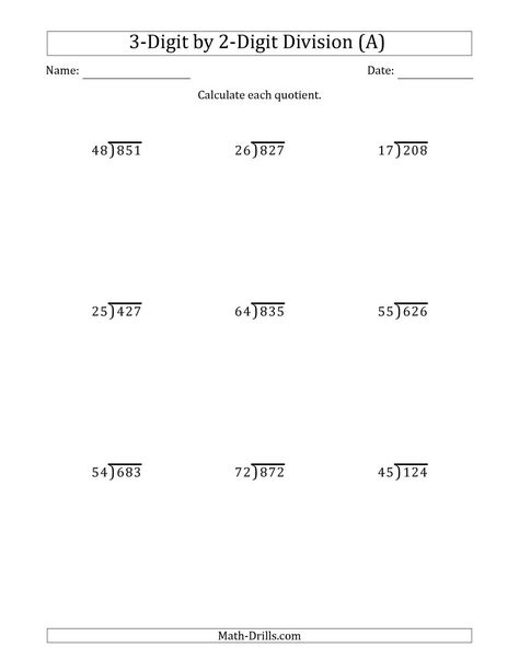 The 3-Digit by 2-Digit Long Division with Remainders and Steps Shown on Answer Key (A) Math Worksheet from the Division Worksheets Page at Math-Drills.com. Double Digit Division, Long Division With Remainders, Division With Remainders, Multiplication And Division Worksheets, Printable Multiplication Worksheets, Math Division Worksheets, Long Division Worksheets, Kindergarten Math Worksheets Addition, 6th Grade Worksheets