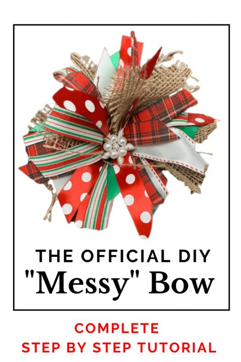 Christmas version of my signature Messy Bow. Rag Bows How To Make, Clipboard Ideas, Easy Bow Making, Rag Bows, Bows Ideas, Bow Making Tutorials, Funky Bow, Diy Wreath Bow, Easy Bow