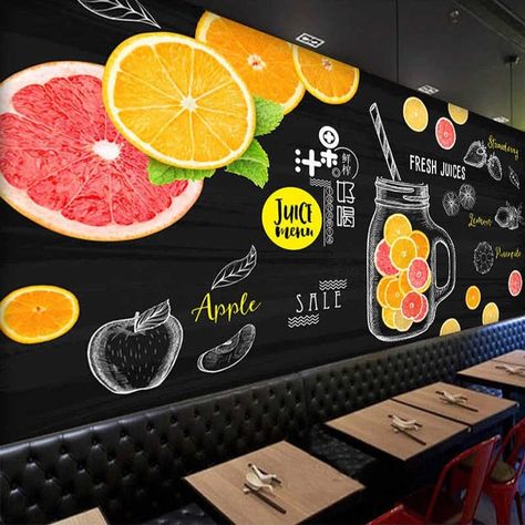 Juice Wallpaper Fruit, Juice Bar Wallpaper, Juice Bar Wall Art, Juice Cafe Design, Juice Shop Ideas, Wall Painting Ideas Cafe, Cafe Wall Art Creative, Cafe Wall Art Murals, Juice Bar Interior Design