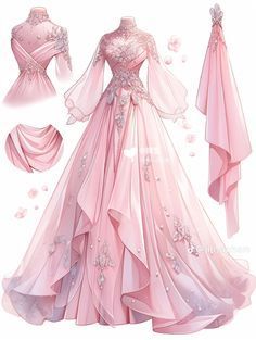 Pink Dress Drawing, Princess Dresses Pink, Pastel Academia, Dreamy Gowns, Dress Design Drawing, Fashion Design Collection, Fantasy Dresses, Fashion Drawing Dresses, Dress Design Sketches