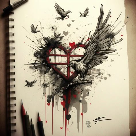 Polarity Tattoo, Dark Heart Tattoo, Izzy Tattoo, Adrian Everhart, Stoic Art, Trash Polka Art, Peace Tattoo, Trash Polka Tattoo Designs, Dove Tattoo Design