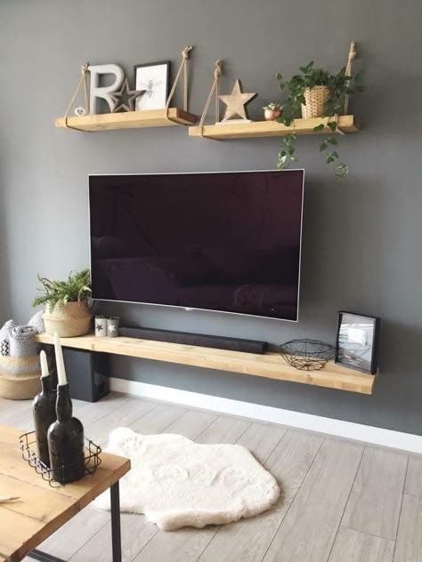 Furniture Under Tv On Wall, Floating Timber Shelf Under Tv, Tv On Wall With Shelf Underneath, Under Tv Shelf Decor, Soundbar Ideas Living Rooms, Hylla Under Tv, Shelf Under Tv On Wall, Long Living Room Wall, Tv Wall Shiplap