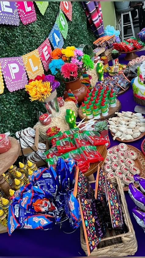 Halloween Festival Games, Fiesta Dessert Table, Bee Themed Food, Mexican Fruit Table Ideas, Mexican Candy Bar, Floral Grad Party, Disco Garden Party, Party Table Display, Fruit Table Ideas