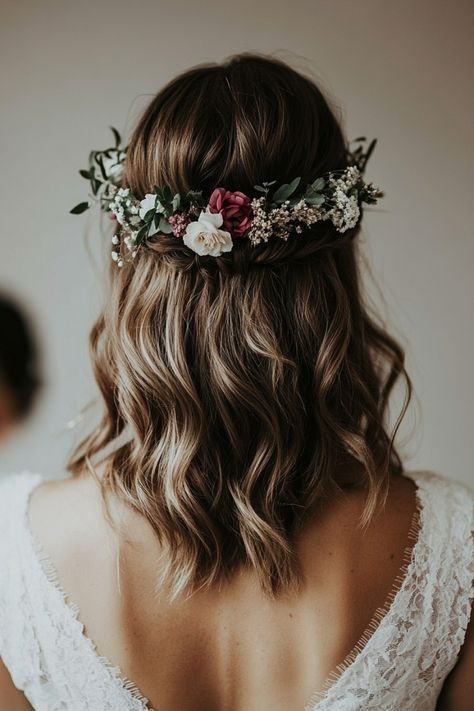 Need a hairstyle that wows? These 83 ethereal bridal looks are guaranteed to steal the show. From messy updos to flowing waves, this list has something for every type of bride. Explore the latest trends and timeless favorites. Don’t wait—click to discover your dream wedding hairstyle! #bridallooks #romanticwedding #bridalhairgoals Bridal Hairstyles Flowers, Hairstyles Flowers, Greenery Hair Piece, Messy Updos, Bridal Hair Ideas, Ethereal Bride, Nature Inspired Accessories, Loose Buns, Hair Piece Wedding