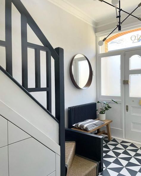 Monochrome Hallway, Black And White Hallway, White Hallway, Black Stairs, Tiled Hallway, Hallway Bench, Hallway Inspiration, 1930s House, Edwardian House