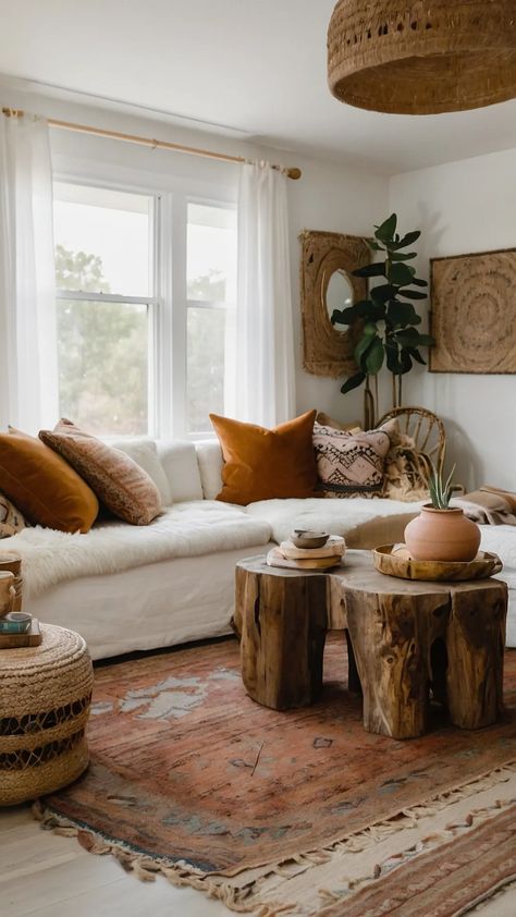 Unlock the Bohemian Look: 17 Cozy Ideas for Your Living Room Makeover 38 Clean Boho Home, Minimalistic Boho Living Room, Minimalist Boho Decor, Earthy Minimalist Living Room, Desert Decor Living Room, Modern Boho Decor Ideas, Colorful Boho Living Room, Colorful Scandinavian, Earthy Minimalist