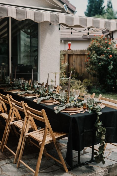 Bohemian Tablescape Party – Olgas Rustic Rental Black Table Cloth Decor, Black Table Linens Wedding, Black Tablecloth Wedding, Farmhouse Table Cloth, Black Table Cloth, Natural Dining Table, Backyard Dinner Party, Dinner Party Table Settings, Dark Table