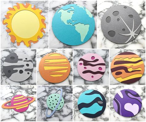 Solar System Cricut Projects, Cricut Solar System, Solar System Paper Craft, Cricut Outer Space Projects, Solar System Birthday Party Decorations, Solar System Birthday Party, Solar System Party, Solar System Birthday, Planet Crafts