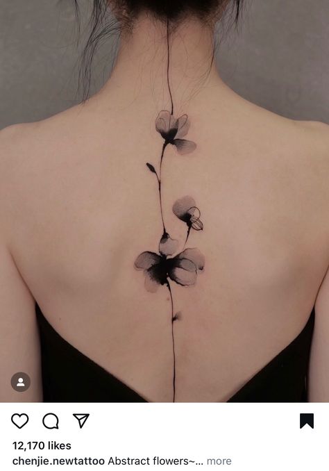 Blooming Cherry Blossom Tattoo, Orchid Tattoo On Spine, Orchid Tattoo On Back, Spine Tattoos Tree, Cherry Blossom Small Tattoo, Black And Grey Cherry Blossom Tattoo, Neck Spine Tattoo, Port Tattoo Cover Up, Flower Tattoo Back Spine