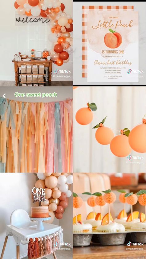 One Sweet Peach Decorations, Clementine First Birthday Party, One Sweet Peach Birthday Food Ideas, Clementine Birthday Party, Peach Themed 1st Birthday Party, Peach Themed First Birthday Party, Peachy One Birthday, A Sweet Peach Is On The Way, Peach Themed Baby Shower Ideas