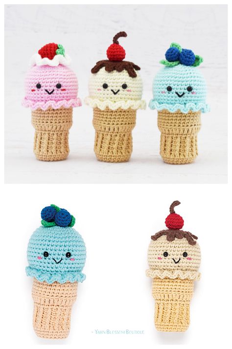 Crochet Ice Cream Amigurumi Free Patterns - DIY Magazine Amigurumi Ice Cream, Ice Cream Crochet, Crochet Ice Cream, Crochet Cake, Mini Ice Cream, Crochet Animals Free Patterns, Toy Crochet, Crochet Food, Ice Cream Cones