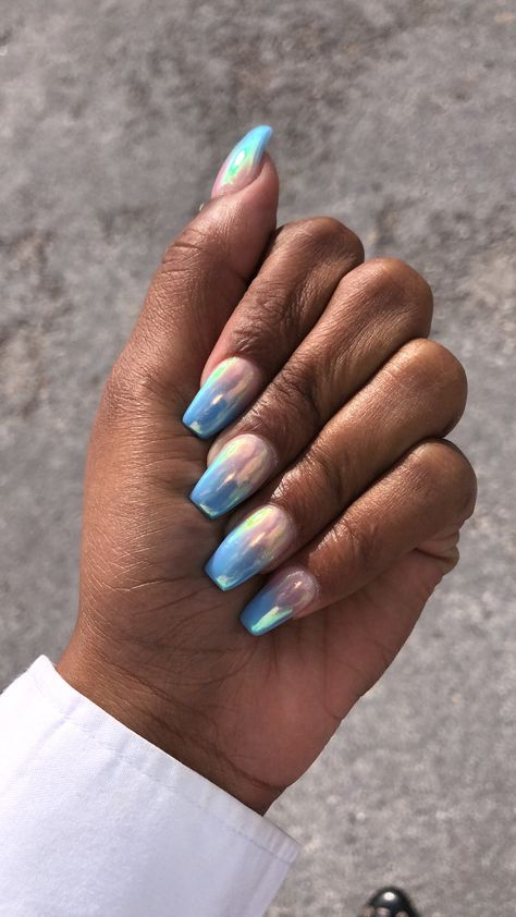 Blue ombre chrome nails Blue Ombre Chrome Nails, Blue Chrome French Tip Nails, Teal Chrome Nails, Berlin Nails, Baby Blue Chrome Nails, Chrome Ombre Nails, Chrome Blue Nails, Light Blue Chrome Nails, Ombre Chrome