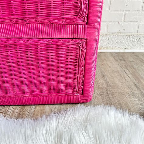 $225 Hot Magenta Pink Wicker Dresser Smaller than a tall dresser but bigger than a nightstand Some cosmetic wear Delivery $75 to Austin | $50 to Cedar Park | $30 to Leander Wicker Dresser, Tall Dresser, Magenta Pink, Austin Texas, Vintage Furniture, Austin, Dresser, Texas, Pink