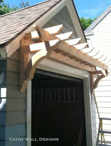 Room RX: Curb Appeal: progress Stained Wood Front Porch Floor, Garage Pergolas, Garage Arbor, Garage Trellis, Door Pergola, Garage Pergola, Cheap Pergola, Garage Remodel, Casa Exterior