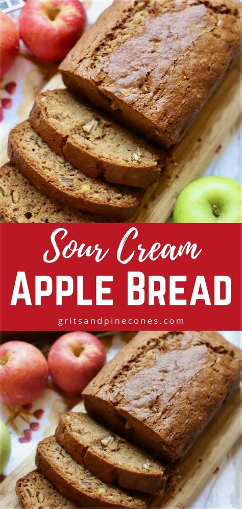 Sour Cream Apple Cake, Cream Bread Recipe, Easy Quick Bread, Apple Bread Recipe, Apple Cinnamon Bread, Apple Fritter Bread, Sour Cream Recipes, Roasted Pecans, Breakfast Choices