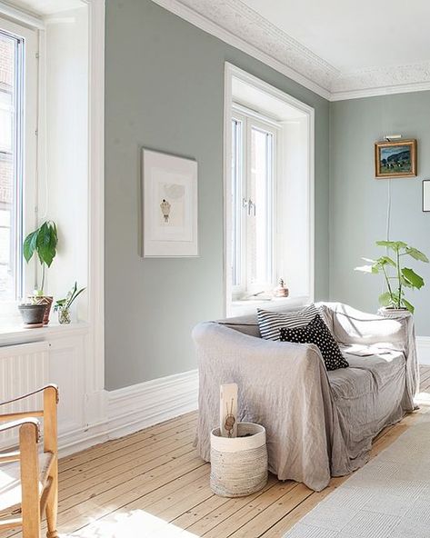 Soft aqua green walls in a pretty, light-filled apartment in Linnéstaden — a neighborhood in the central part of Gothenburg, sweden. built in 1885, it’s been given a modern facelift — they’ve added modern furnishings and lighting fixtures, and painted it a calming shade of pale green that looks really fresh with all that light streaming in. but they’ve kept all those turn of the century details intact — wide double doors, the high ceilings and gorgeous crown moldings. #lightblue #paintcolors #fa Borrowed Light, Trendy Living Rooms, Living Room Green, Trendy Bedroom, Blue Living Room, Livingroom Layout, Living Room Colors, Living Room Grey, Living Room Paint