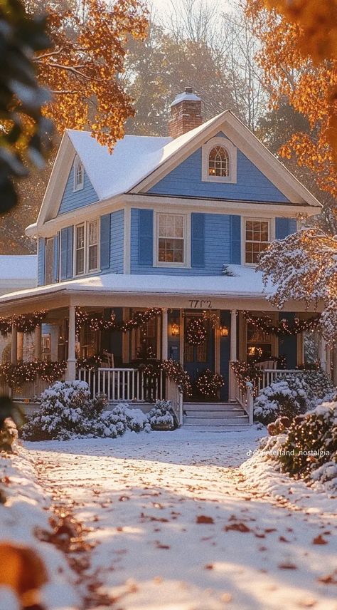 Cozy Town Aesthetic, Snowy Christmas Aesthetic, Small Town Christmas Aesthetic, Christmas Small Town Aesthetic, Christmas Town Aesthetic, New Hampshire Christmas, Snow Cottage Aesthetic, Fixer Upper Houses, Winter Cabin Aesthetic Exterior