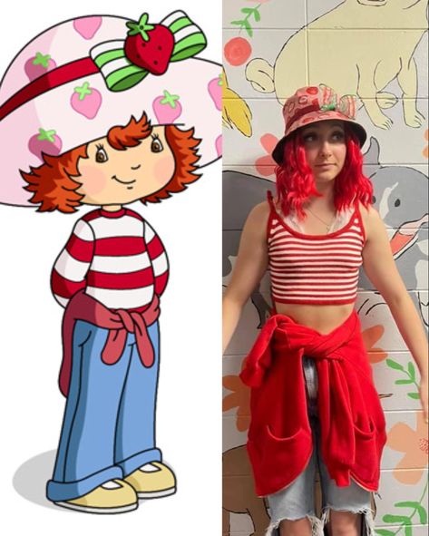 Strawberry shortcake Halloween costume Easy Halloween Costumes For Redheads, Short Red Hair Halloween Costume, Short Red Hair Costume Ideas, Easy Single Halloween Costumes, Strawberry Shortcake Diy Costume, Adult Strawberry Shortcake Costume, Halloween Costumes Tv Characters, Easy Cartoon Costumes, Redhead Halloween Costumes Ideas