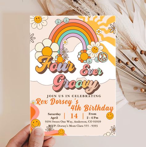 Four Ever Groovy Retro Boho Rainbow 4th Birthday Invitation #groovybirthday #70sbirthday #retrobirthday #groovyinvitations #hippiebirthday #70sparty #discotheme #faroutparty #70sbash #vintagebirthday Four Ever Groovy, Hippie Birthday, Rainbow Birthday Invitations, Third Birthday Party, Retro Daisy, Retro Birthday, Boho Birthday, 10th Birthday Parties, Fourth Birthday