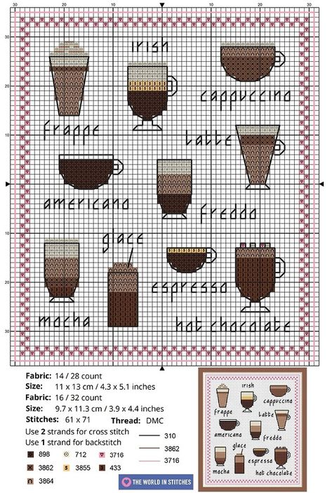 Cafe Cross Stitch, Coffee Cross Stitch Pattern Free, Rome Scrapbook, Kitchen Cross Stitch Patterns, Pastries Design, Mini Cross Stitch Patterns Free, Cross Stitch Coffee, Coffee Cross Stitch Pattern, Coffee Cross Stitch